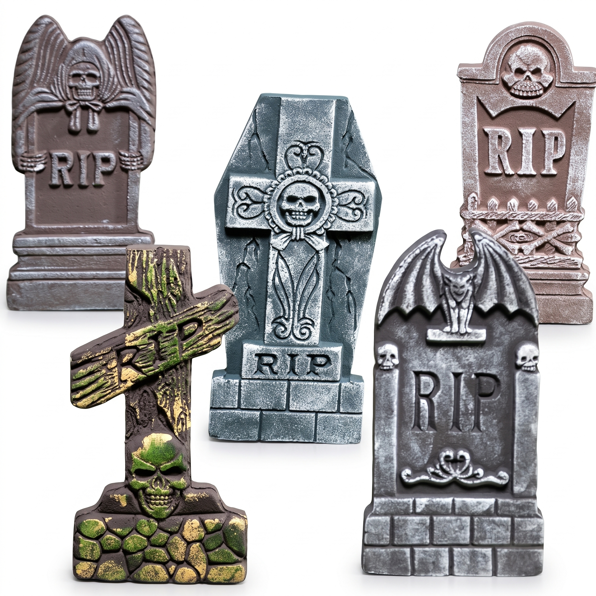 Five weathered foam RIP headstones shown with their metal ground stakes