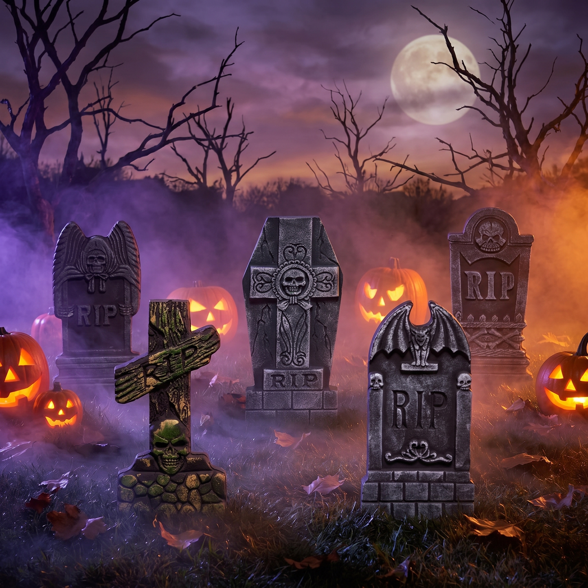 Foam RIP tombstones staged in a foggy front yard graveyard at night