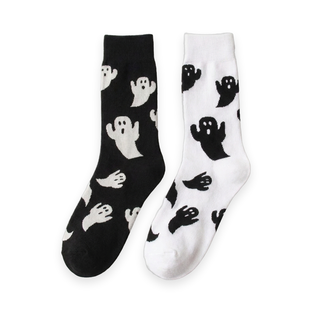 Halloween ghost print crew socks on a white background