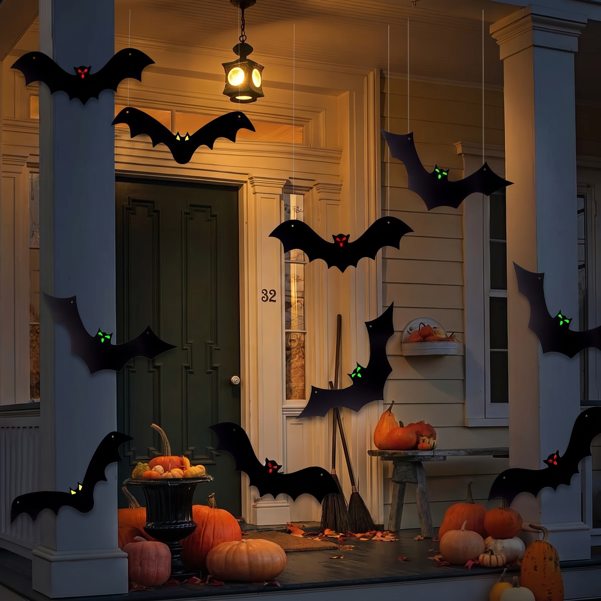 Black bats hung from a porch ceiling as Halloween decor