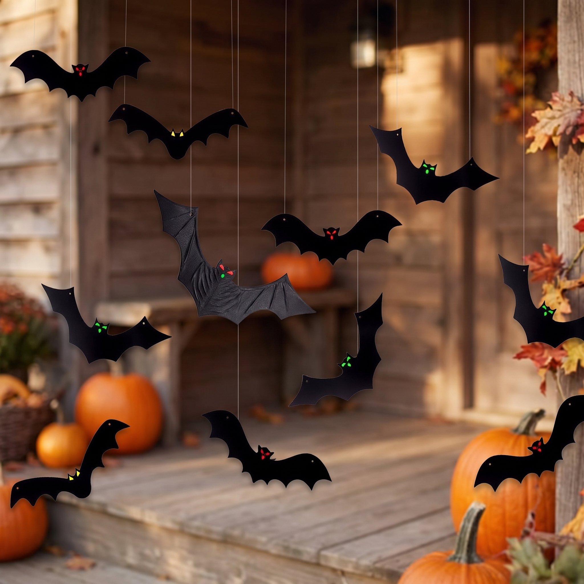 Hanging bats strung from a tree branch in a Halloween yard