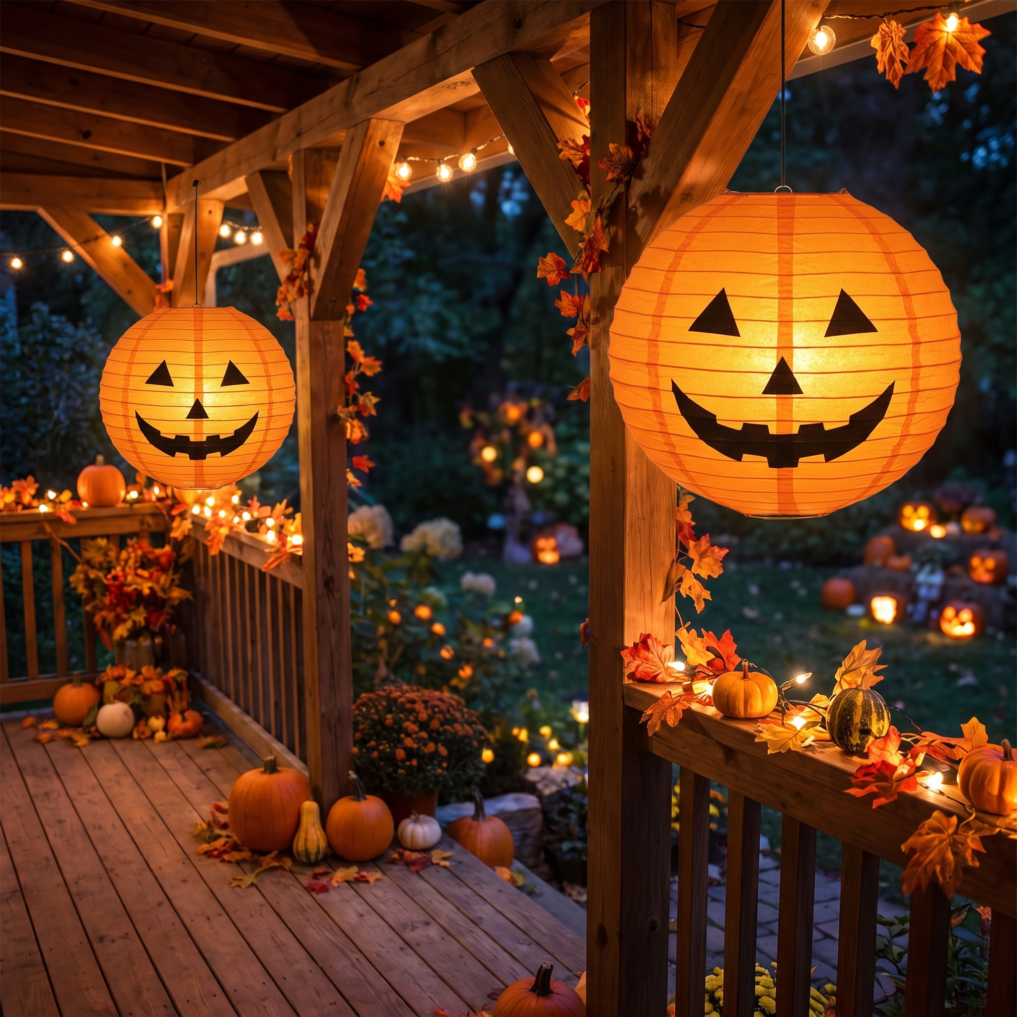 Two paper pumpkin lanterns lit on a decorated porch at night