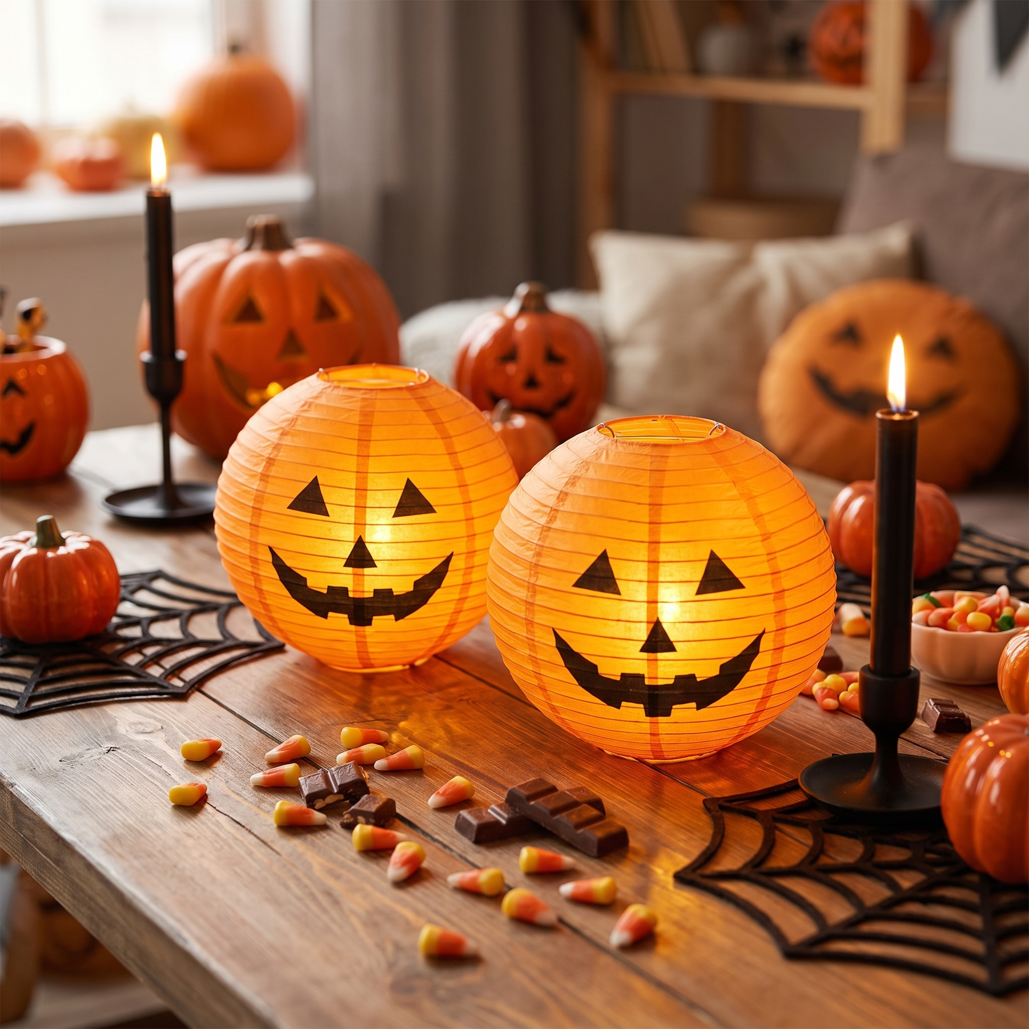 Paper pumpkin lanterns lit on a Halloween party table