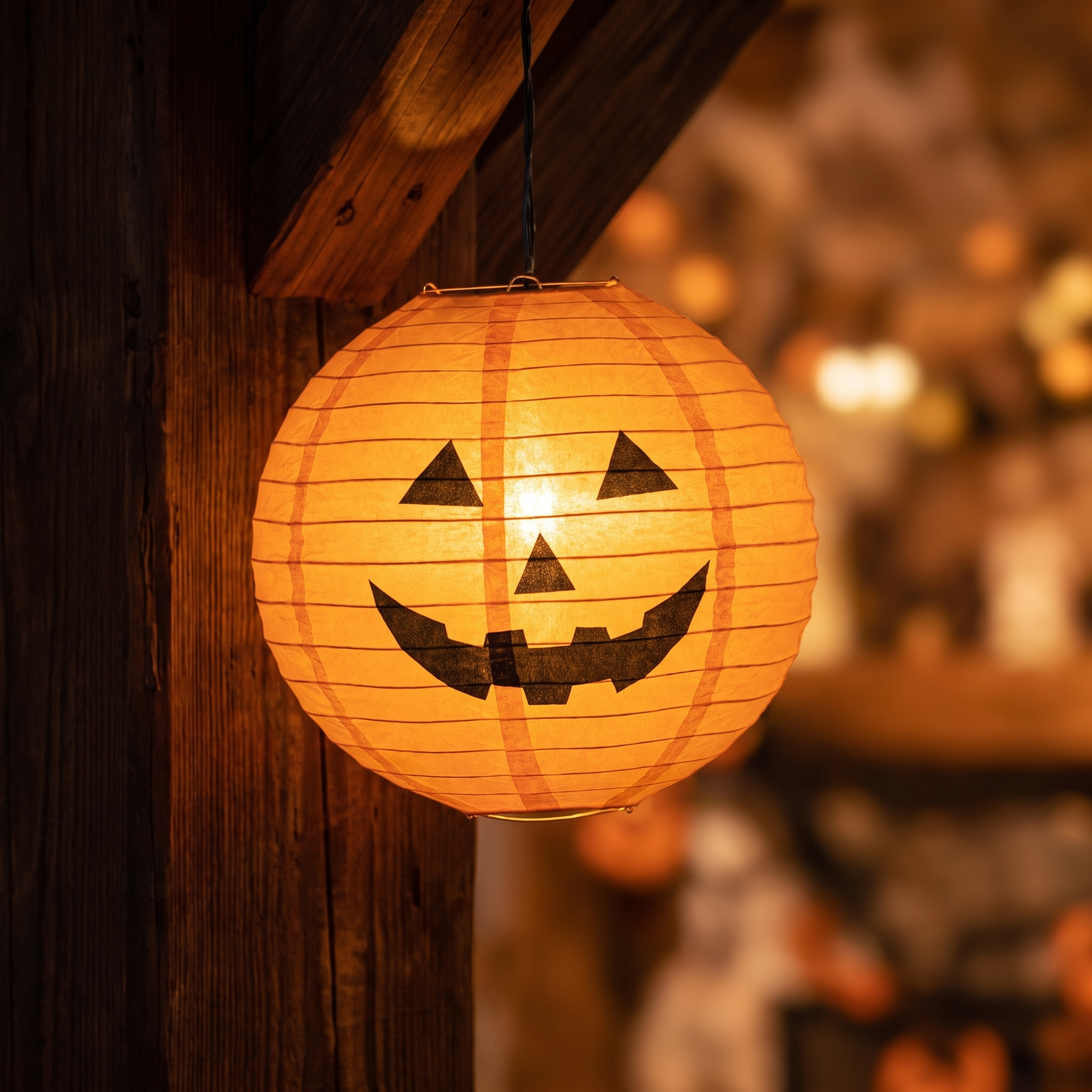 Close up of one lit paper pumpkin lantern