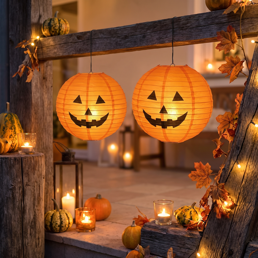 Paper pumpkin lanterns grouped with Halloween decor at night