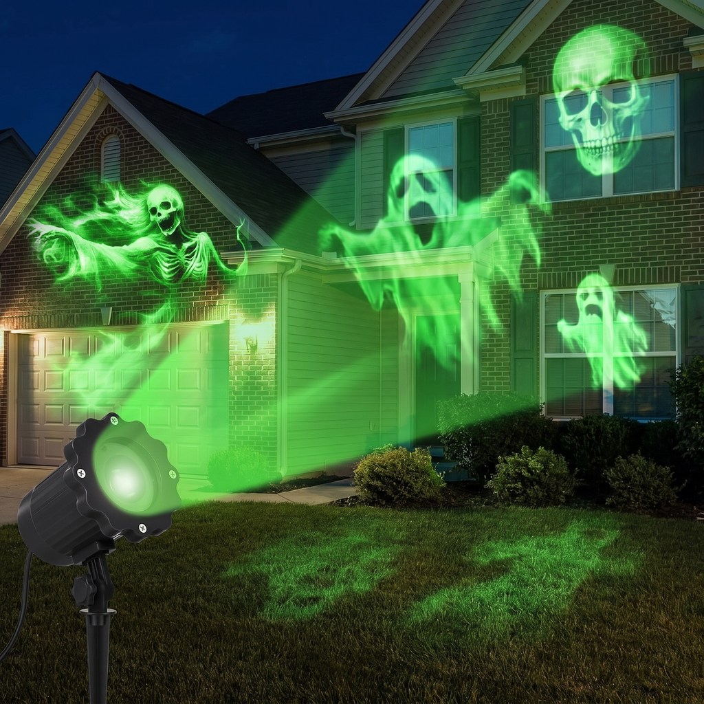Projector casting dynamic ghost and skull patterns on a house at night