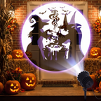 Witch and bat patterns cast on a decorated porch with pumpkins