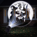 Halloween patterns projected onto a front window and door at night