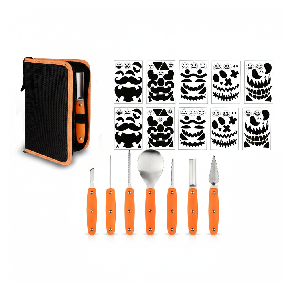 7-in-1 pumpkin carving kit with stencils on a white background