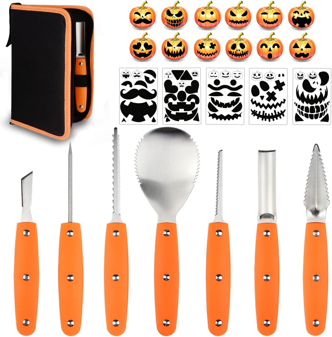7-in-1 stainless steel pumpkin carving kit with stencils and case