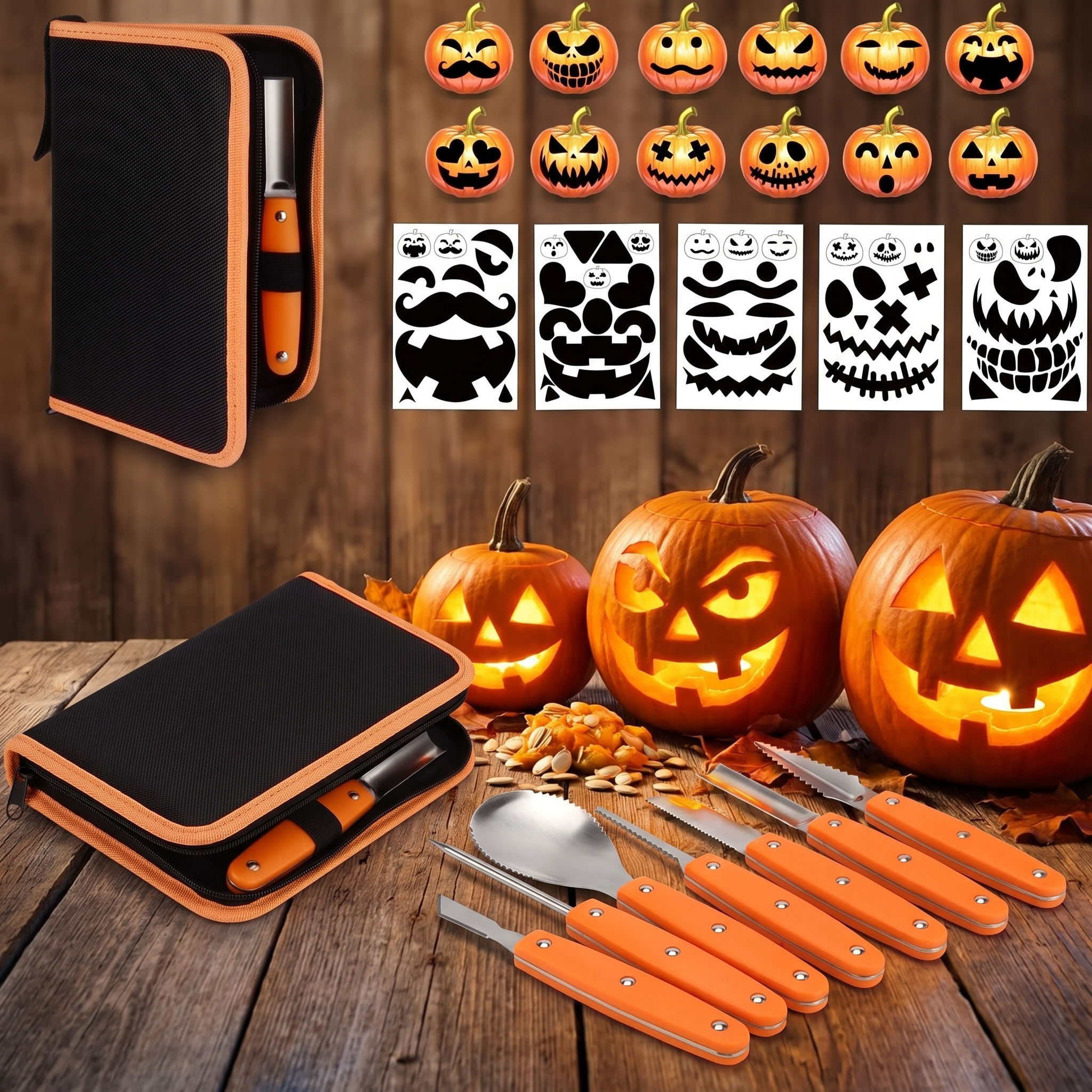 Pumpkin carving kit beside carved glowing jack-o-lanterns