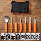 Flat lay of the pumpkin carving tools, stencils and case