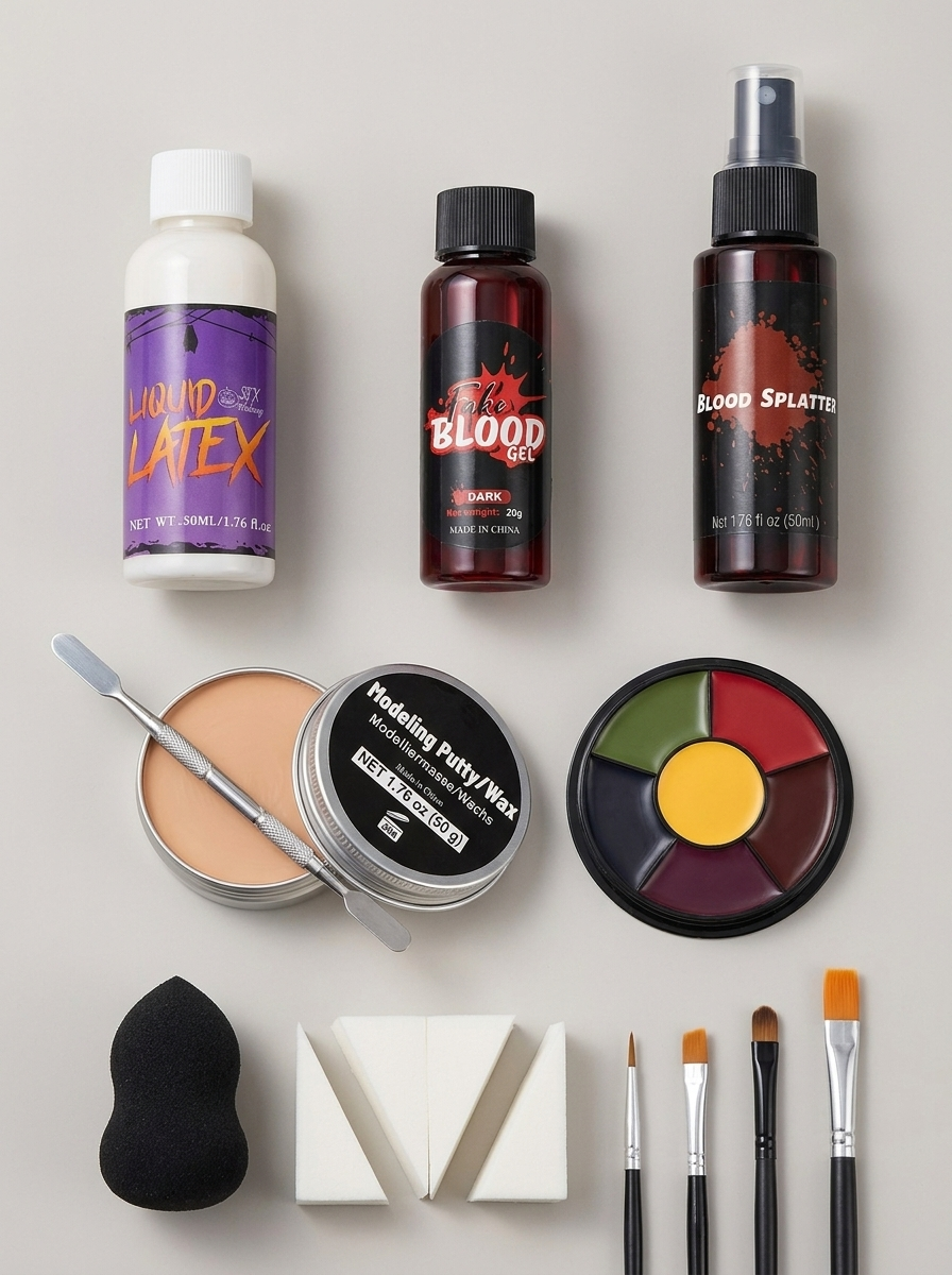 SFX makeup kit components laid out flat