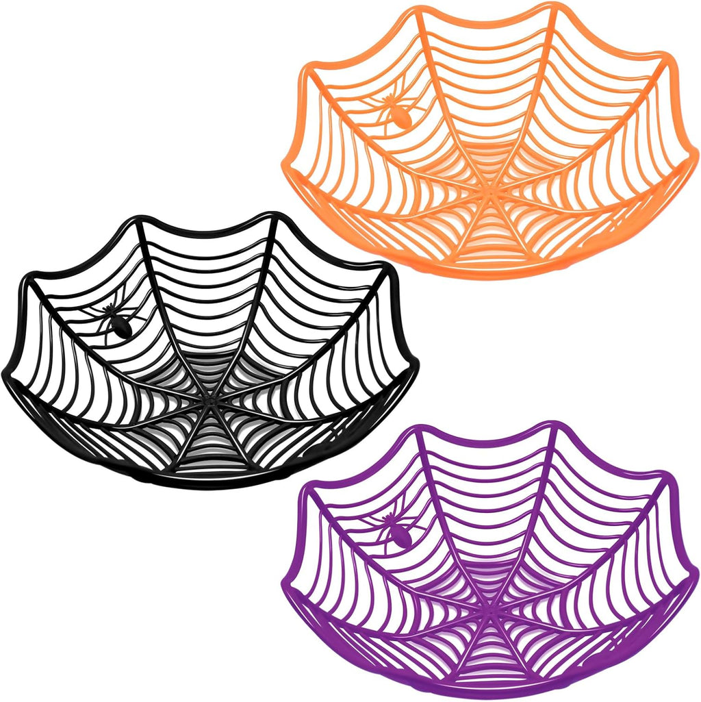 Three 11 inch spider web bowls in orange, black and purple