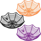 Three 11 inch spider web bowls in orange, black and purple
