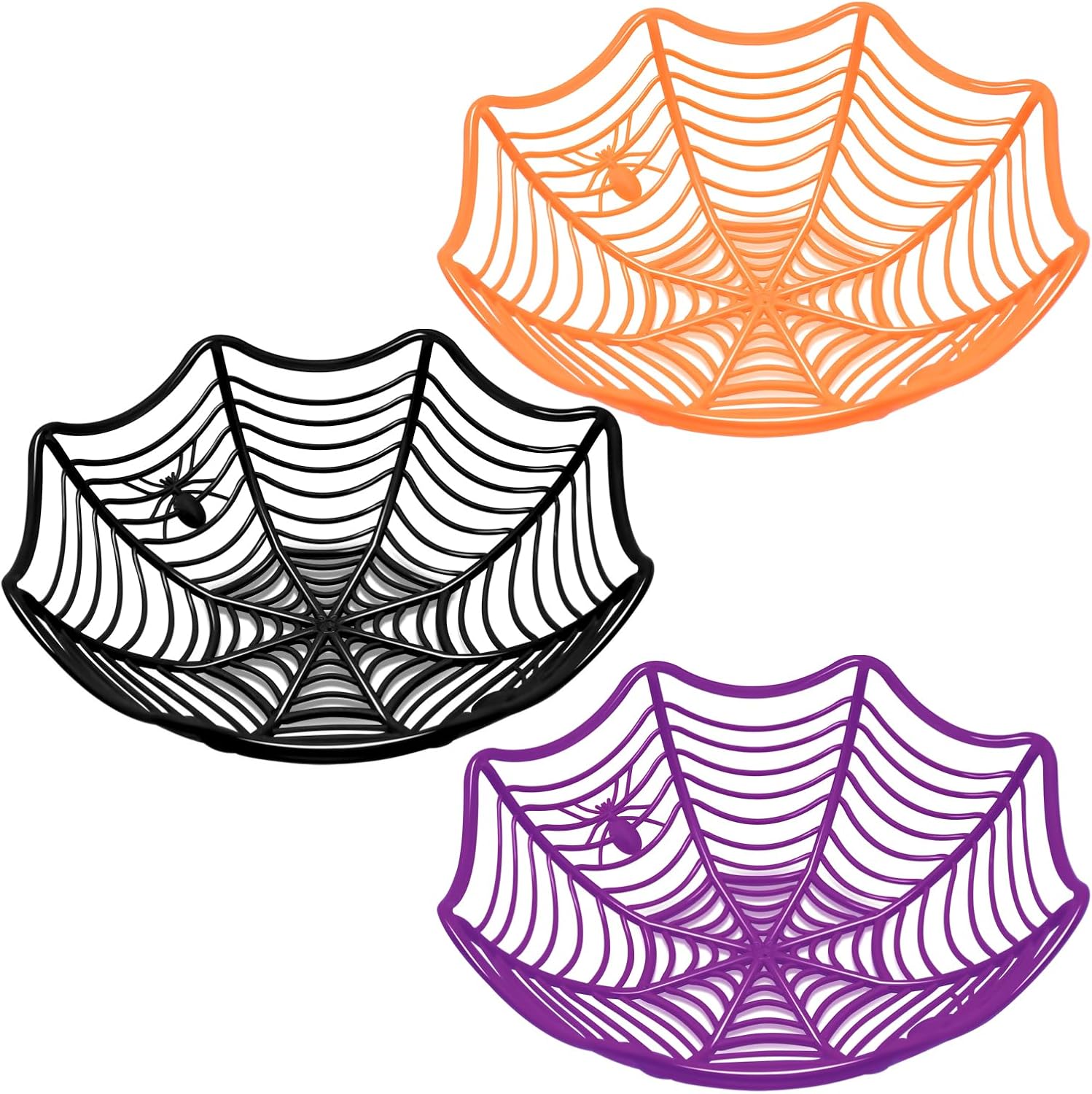 Three 11 inch spider web bowls in orange, black and purple