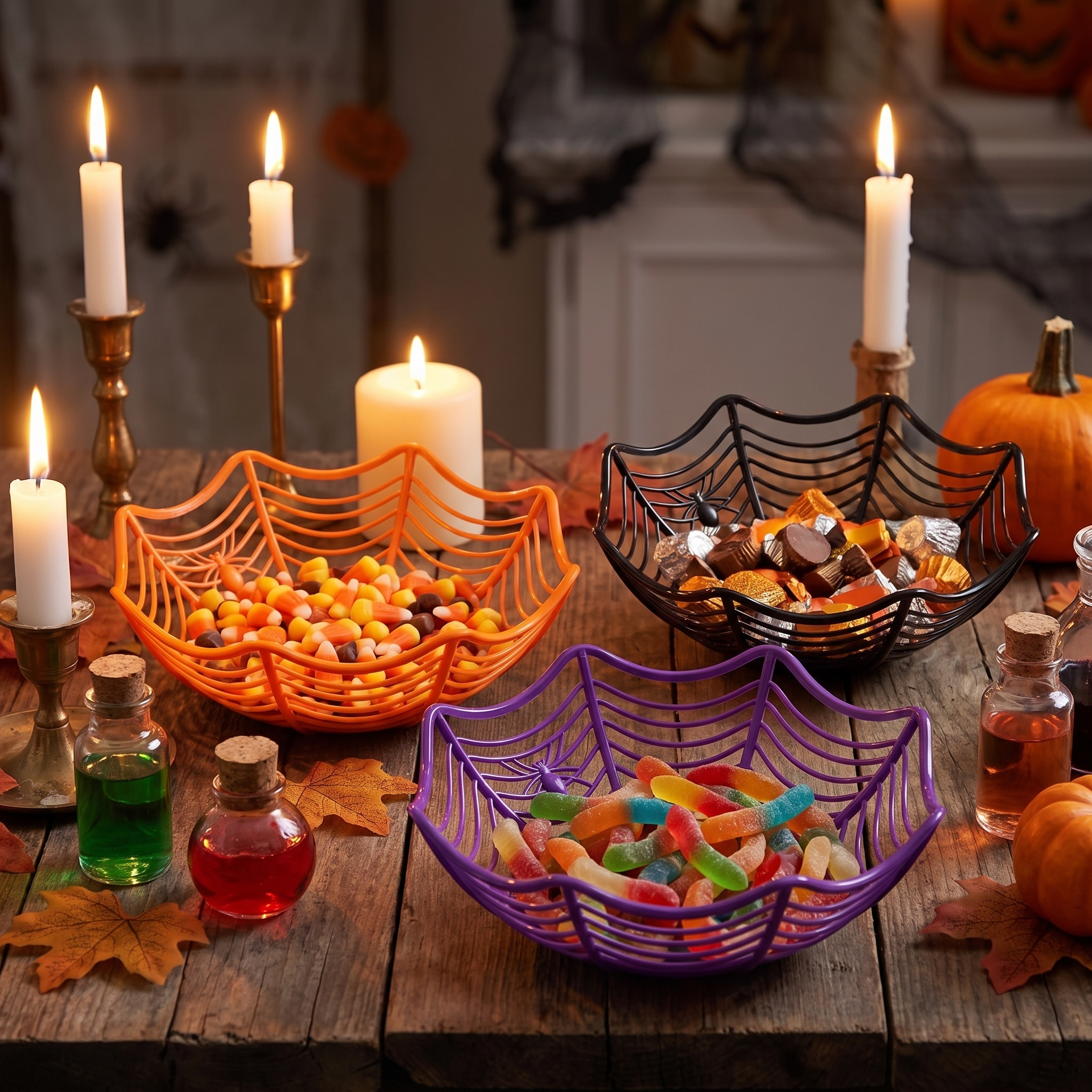 Spider web bowls filled with candy on a Halloween party table