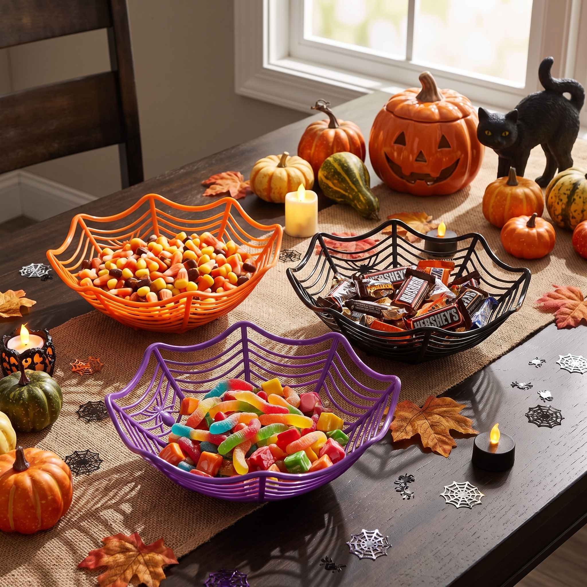 Close up of the spider web pattern on a candy bowl