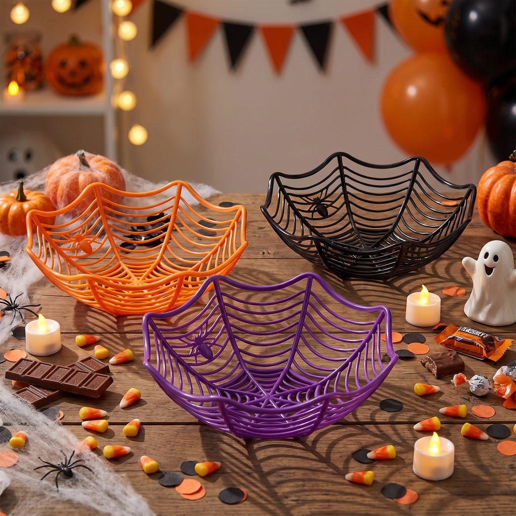 Spider web bowls stacked with Halloween decor