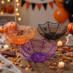 Spider web bowls stacked with Halloween decor