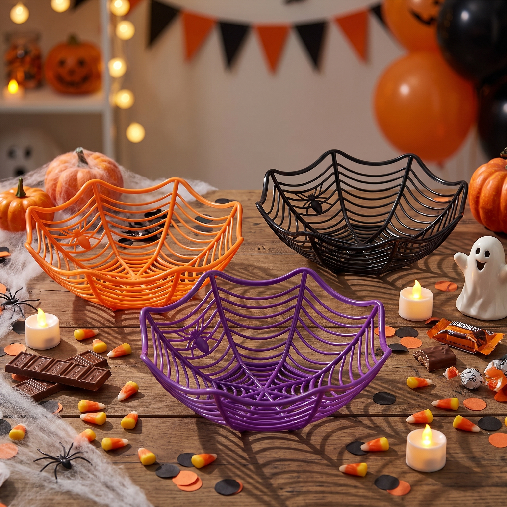 Spider web bowls stacked with Halloween decor