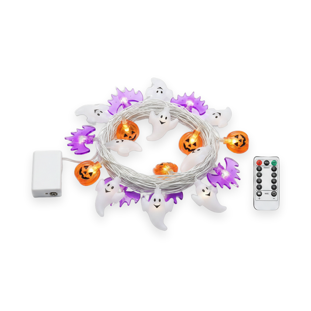 Halloween string lights with glowing 3D pumpkin and ghost figures on a white background