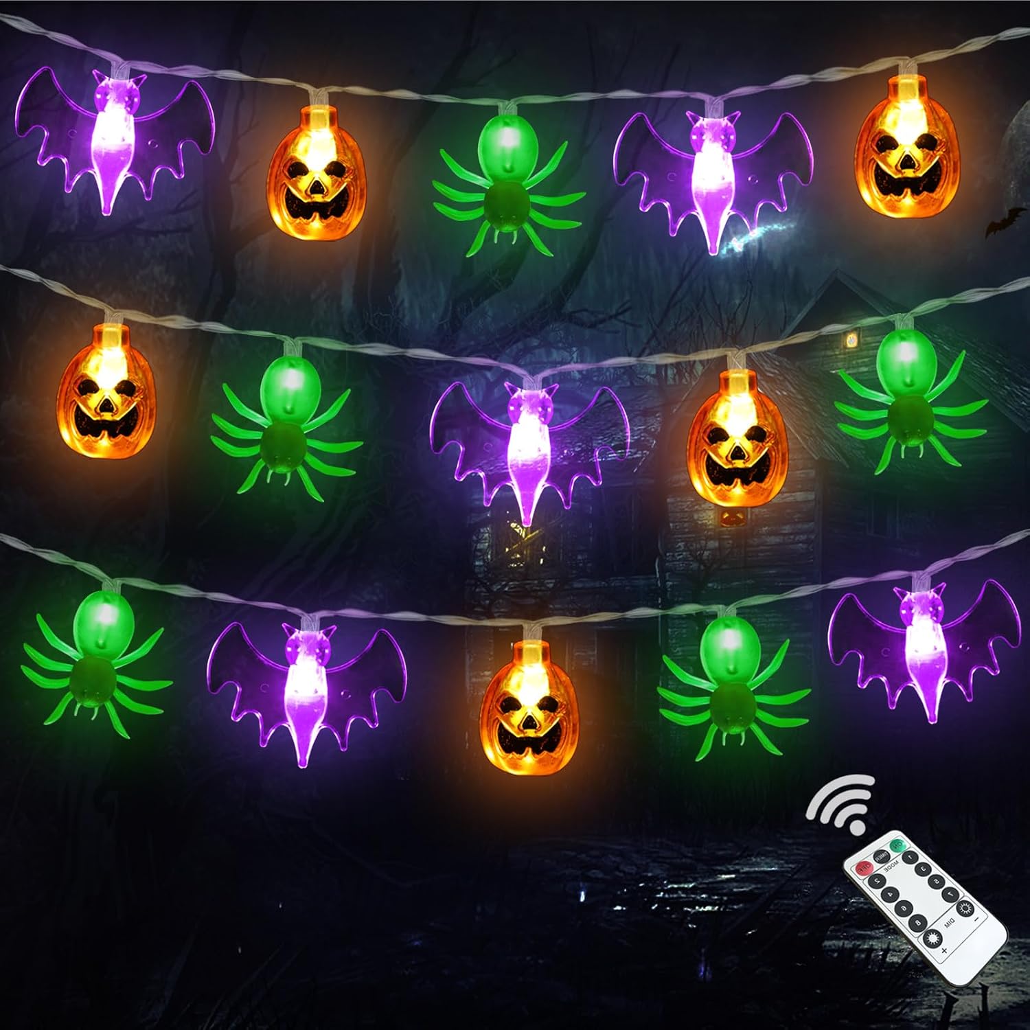 Pumpkin, bat and spider style Halloween string lights laid out