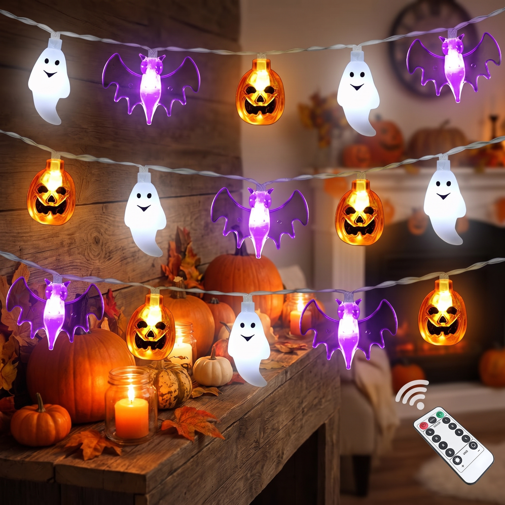 Halloween string lights draped across a decorated mantel