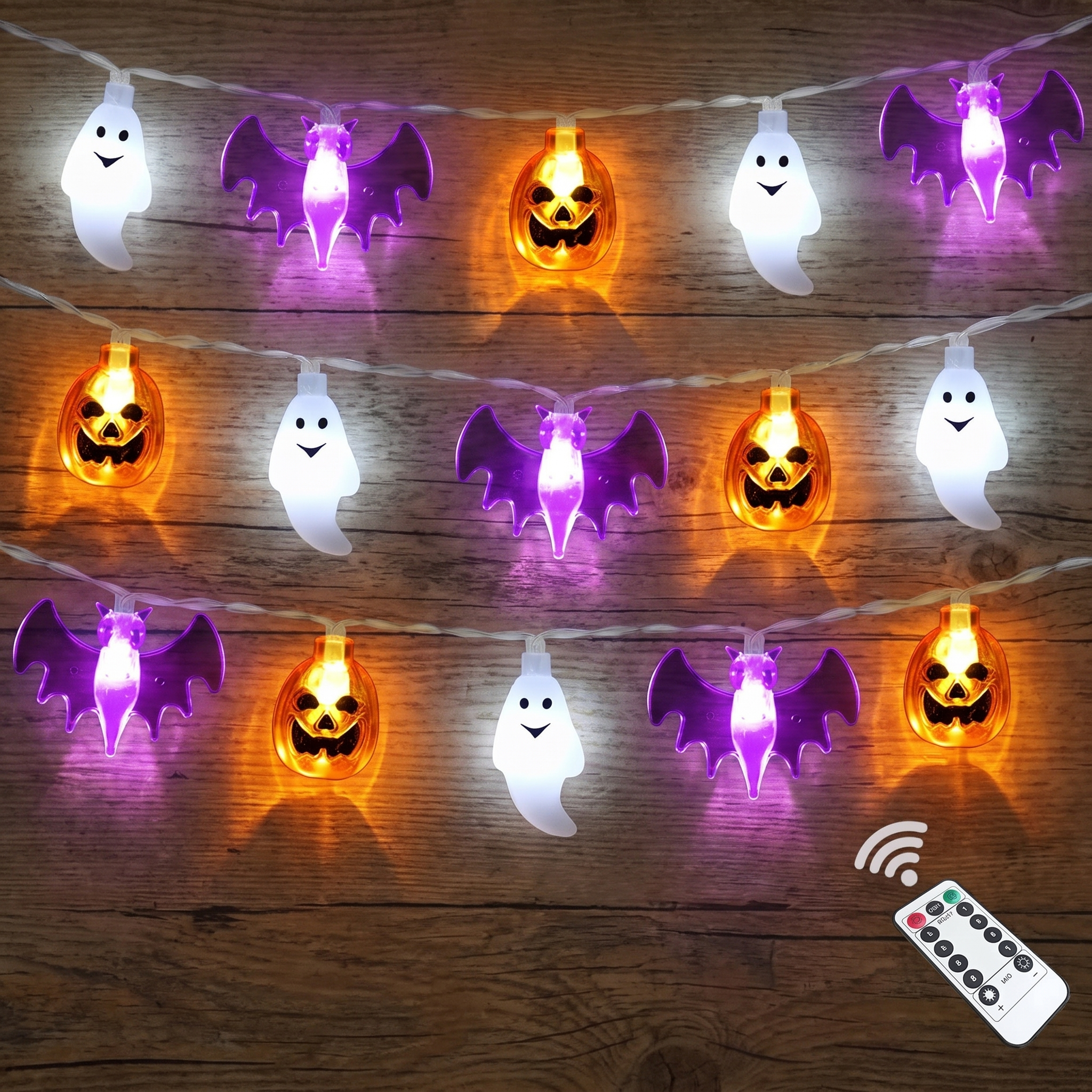 Close-up of a glowing 3D pumpkin LED on the string