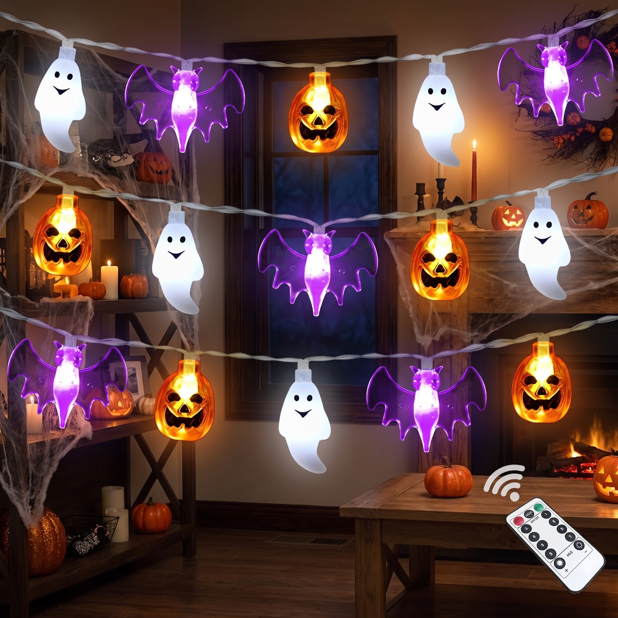 Halloween string lights hung around a window at night