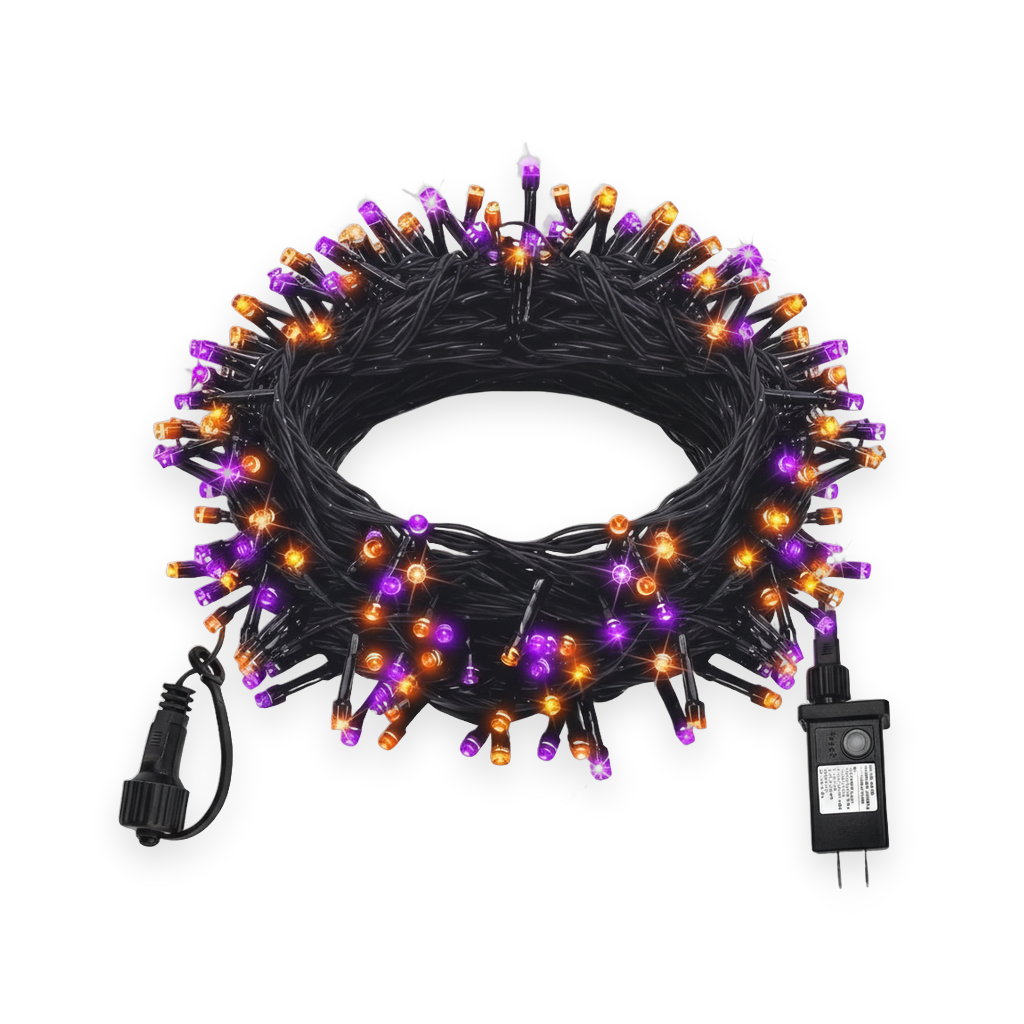 Purple and orange 33 ft Halloween string lights on a white background