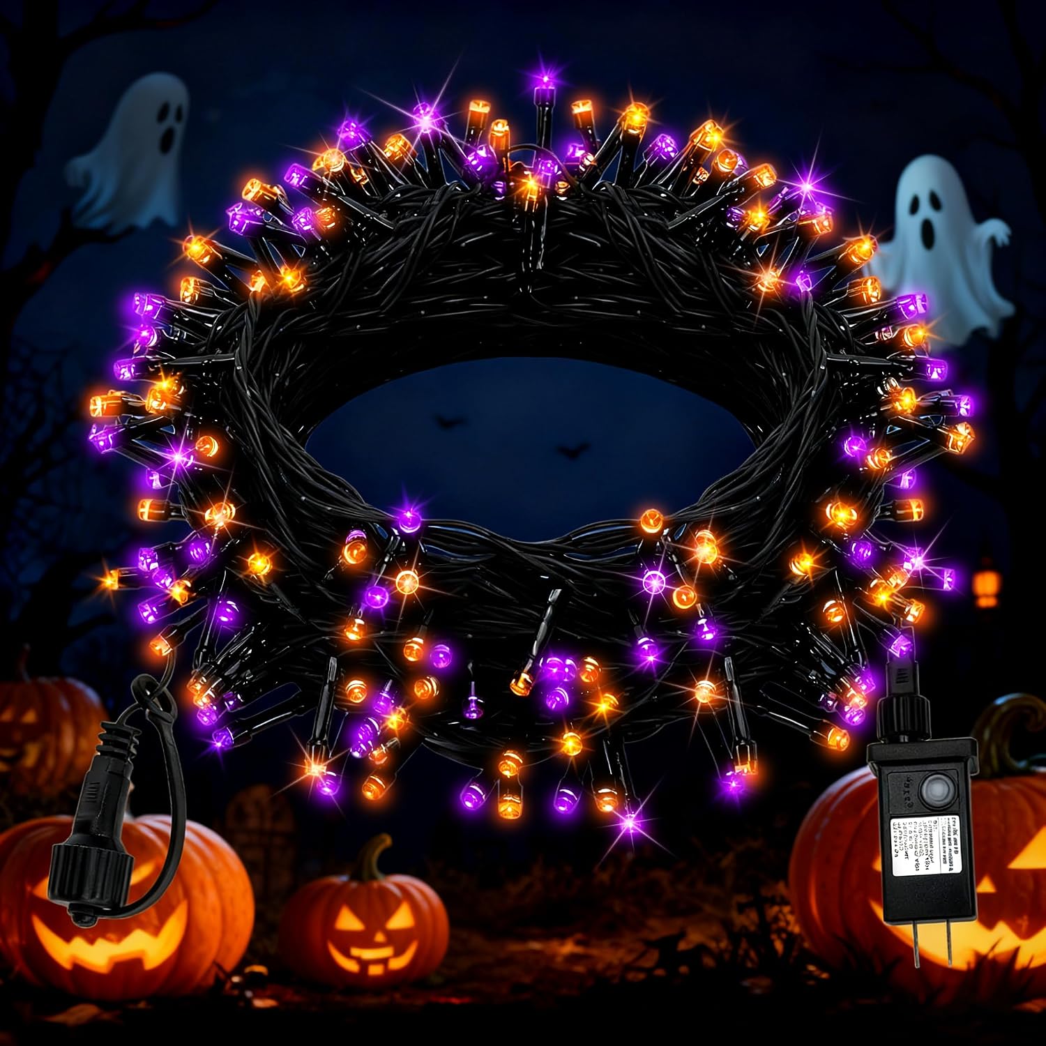 Coiled purple and orange Halloween string lights with controller