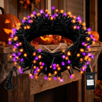 Purple and orange string lights glowing along an interior wall