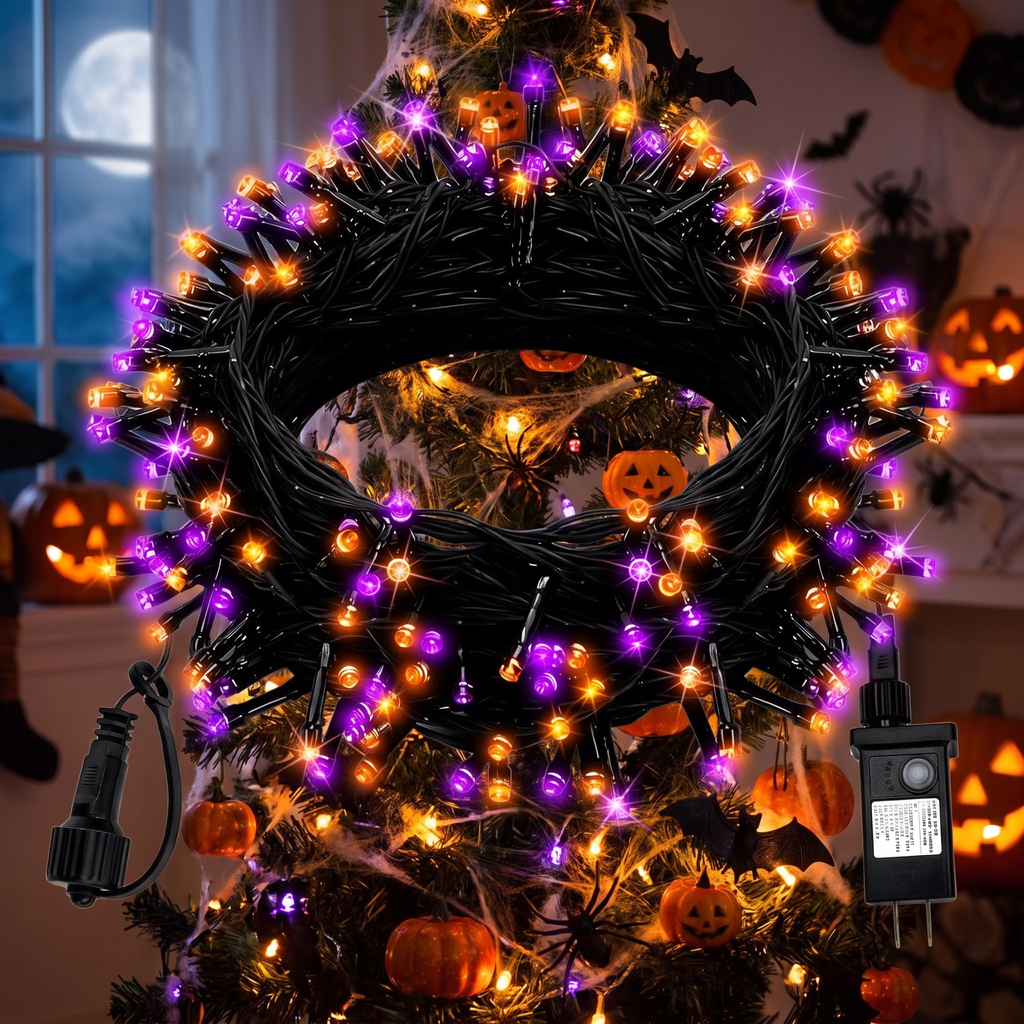 Close-up of purple and orange LED bulbs on the strand