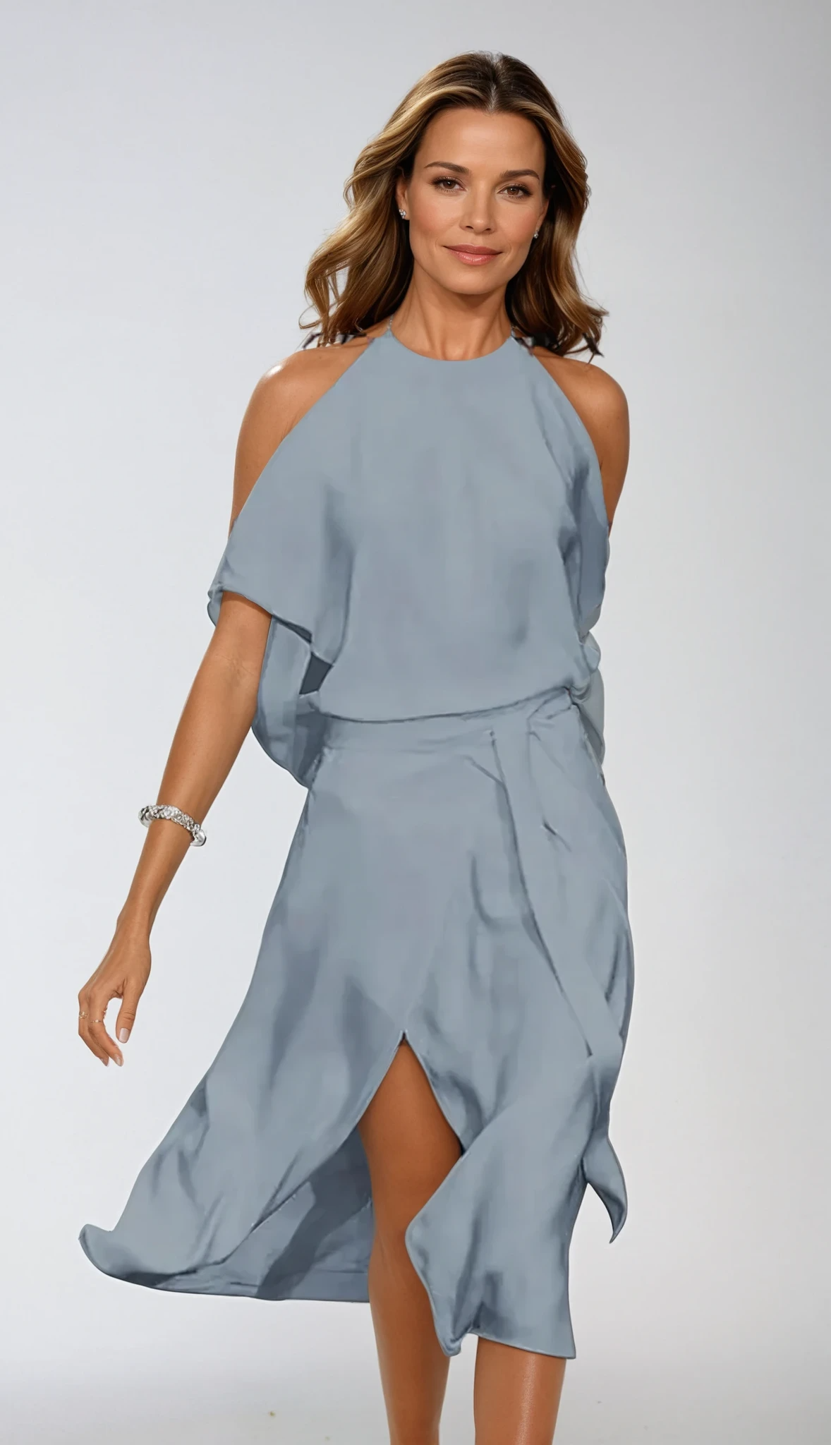 Gray halter neck midi dress with cold shoulder sleeves