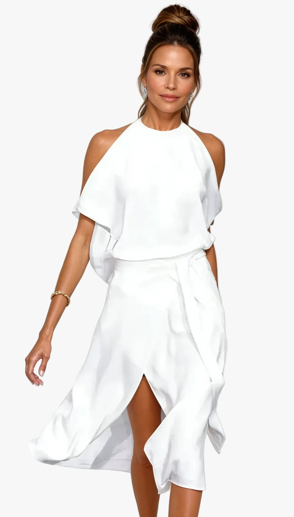 White halter neck midi dress with cold shoulder sleeves
