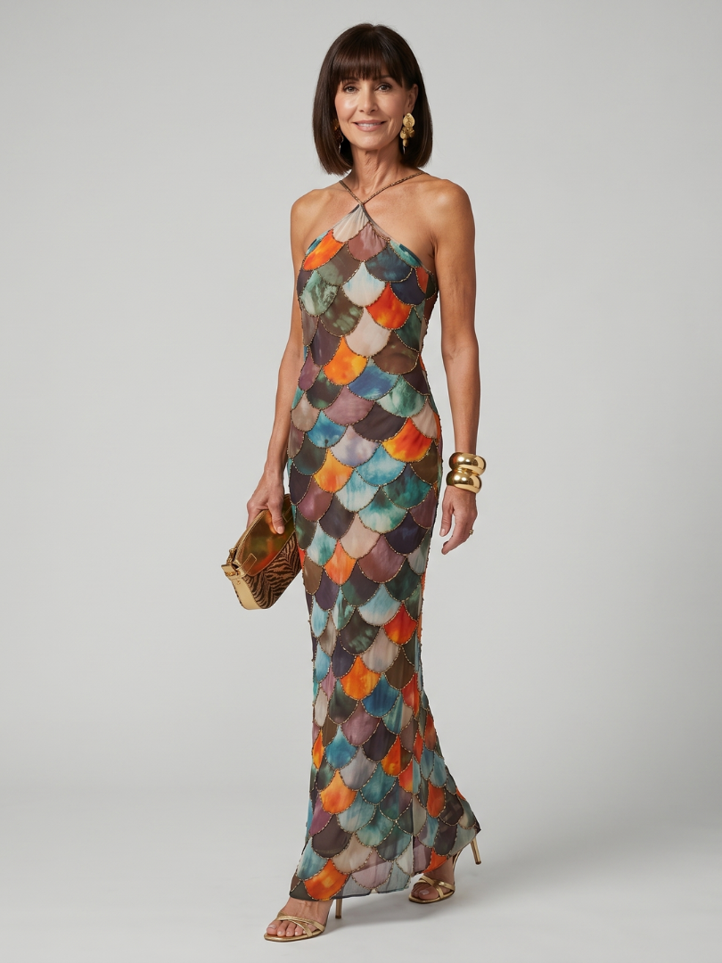 Fitted halter maxi dress with scale-pattern print, front view