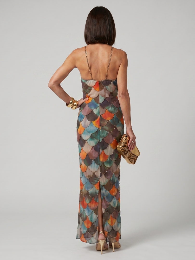 Fitted halter maxi dress scale-pattern print detail