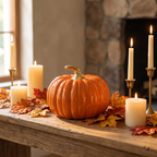 Ceramic pumpkin styled on a cozy autumn mantel