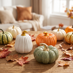 Ceramic pumpkin on a styled fall table with leaves