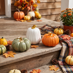 Ceramic pumpkin on a decorated porch step with fall decor