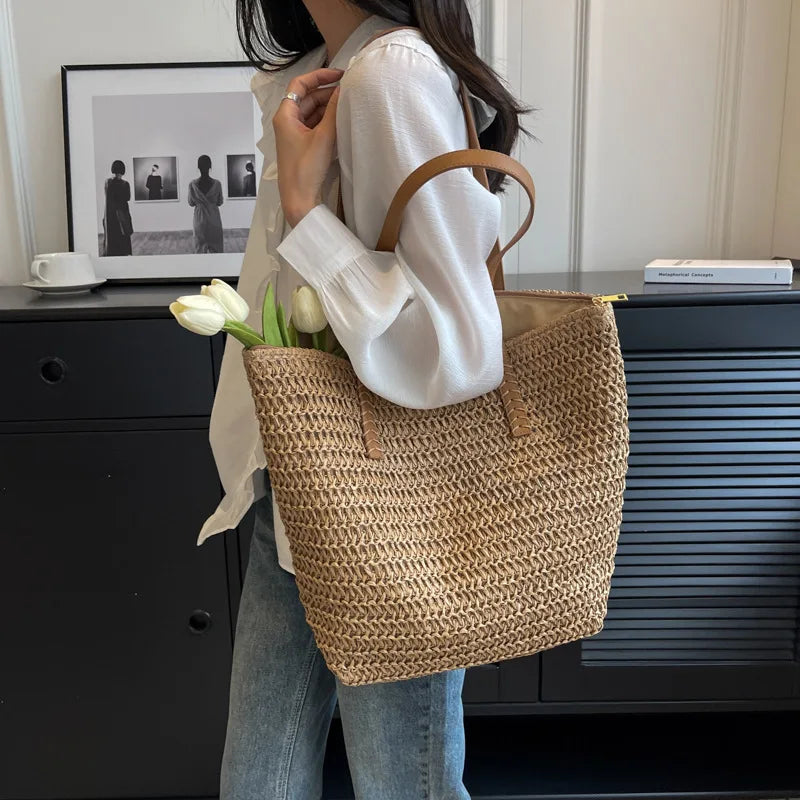 Handwoven straw shoulder tote bag