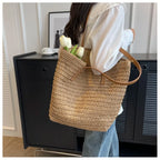 Handwoven straw shoulder tote bag, alternate view