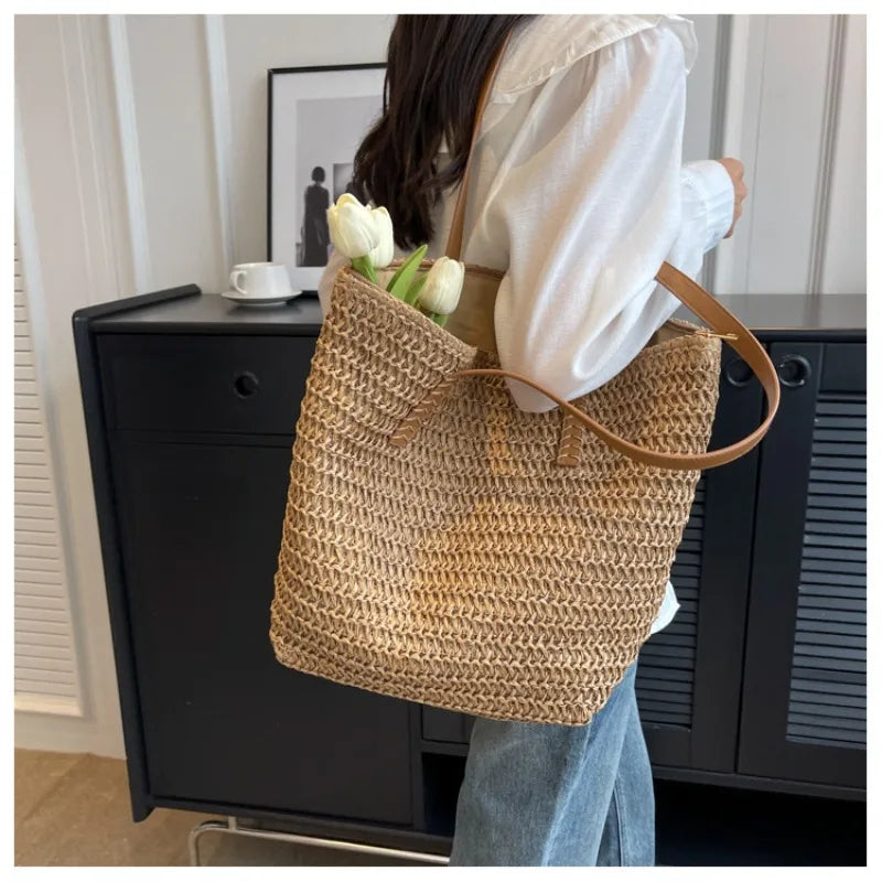 Handwoven straw shoulder tote bag, alternate view