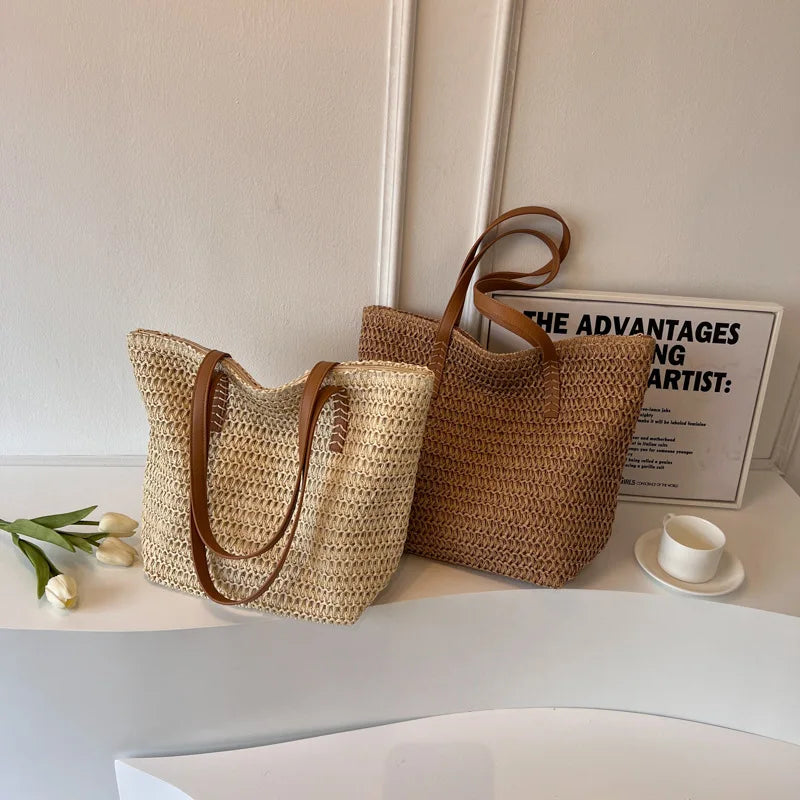 Straw tote bag styled for the beach