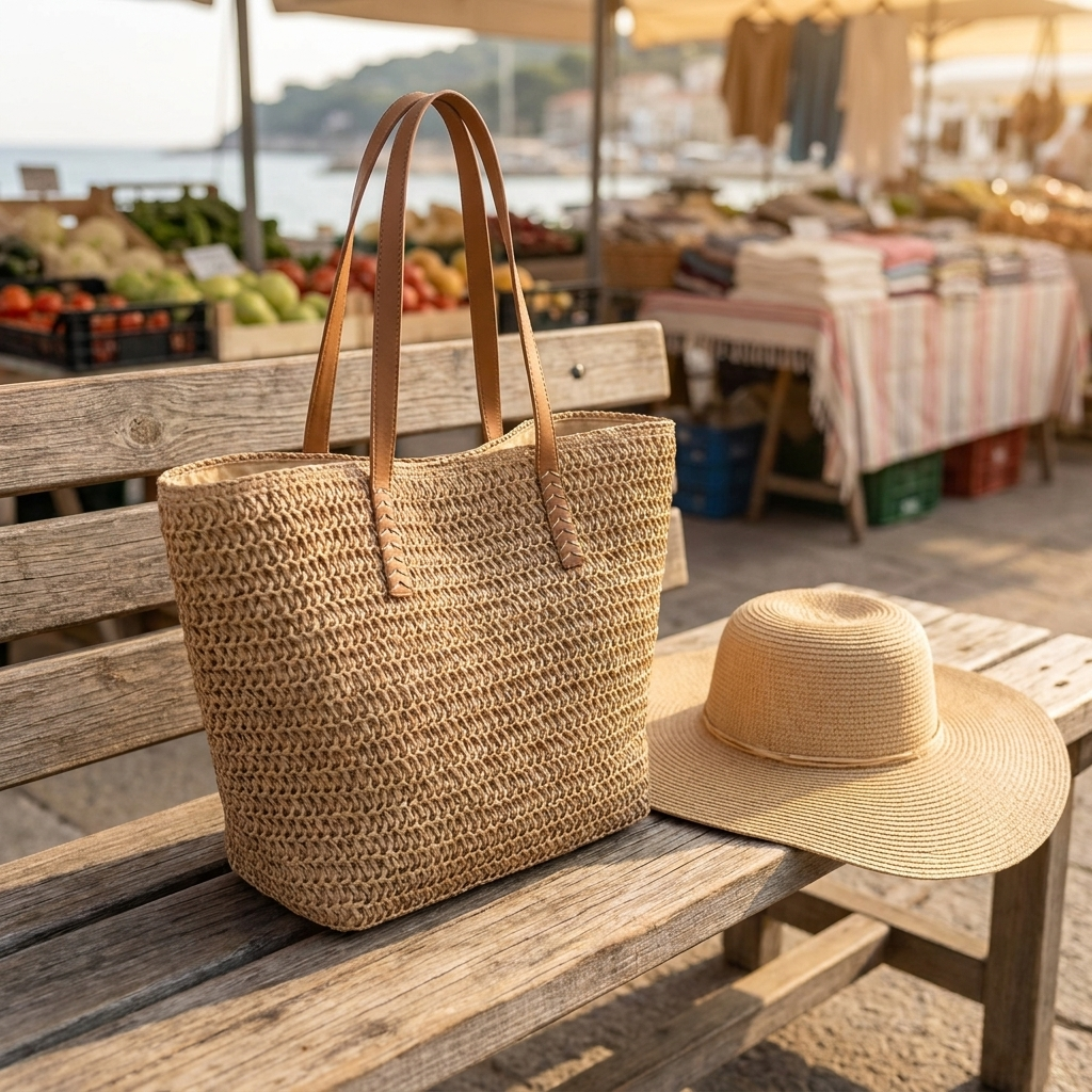 Handwoven straw shoulder tote on a wooden bench beside a sunhat at a market