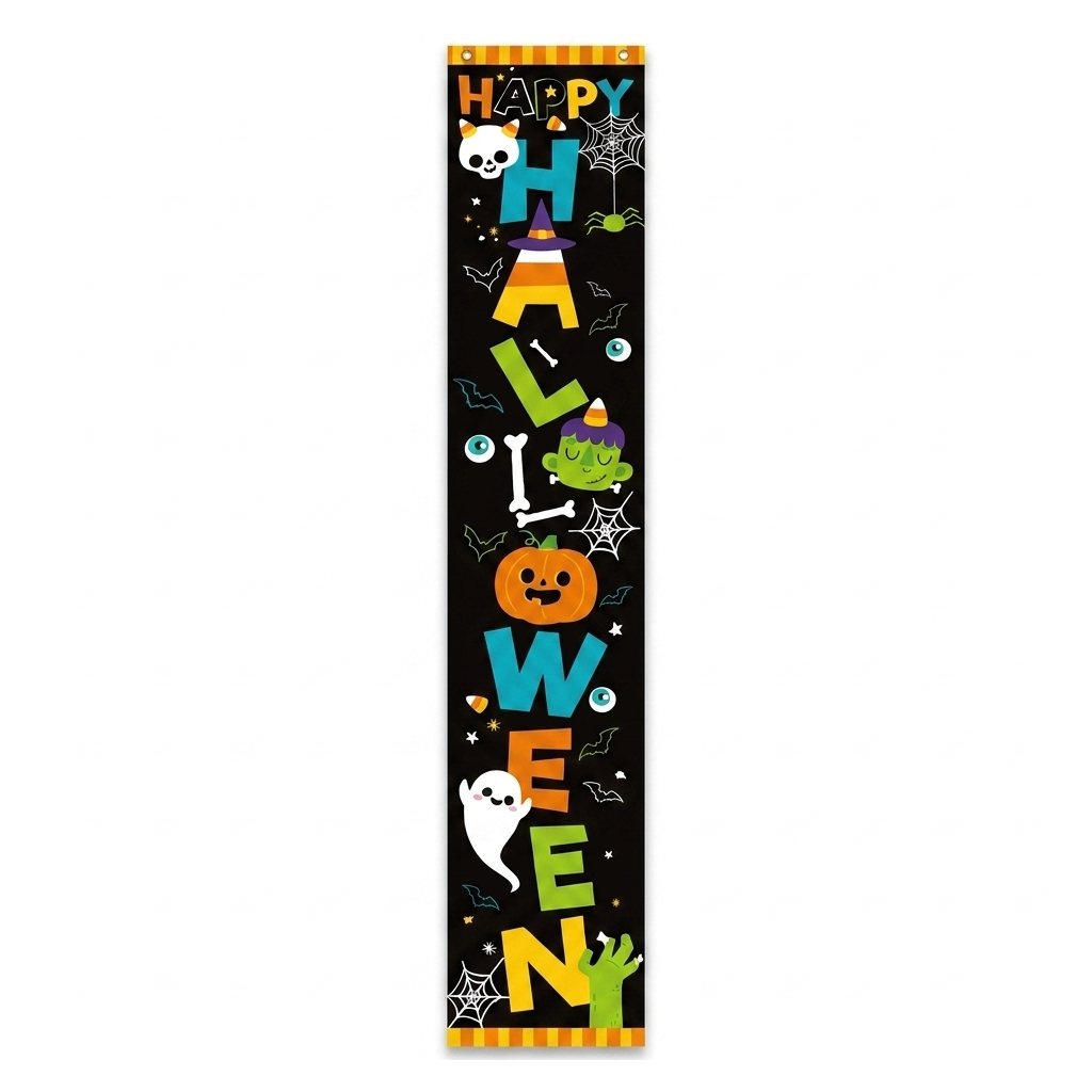Happy Halloween pumpkin and ghost porch banner on a white background