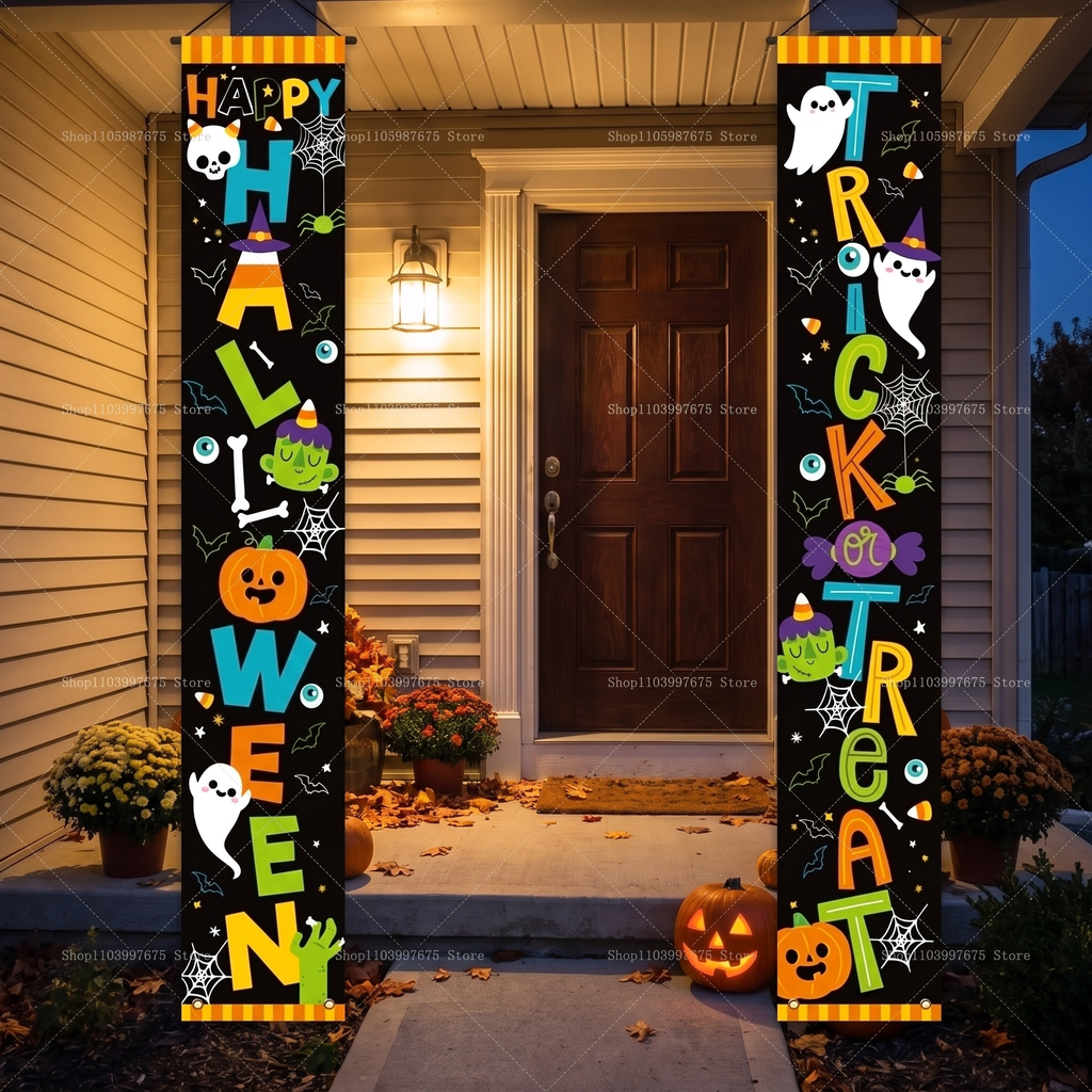 Happy Halloween banner hanging on a decorated front porch
