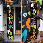 Porch banner hung above an entryway with pumpkins below