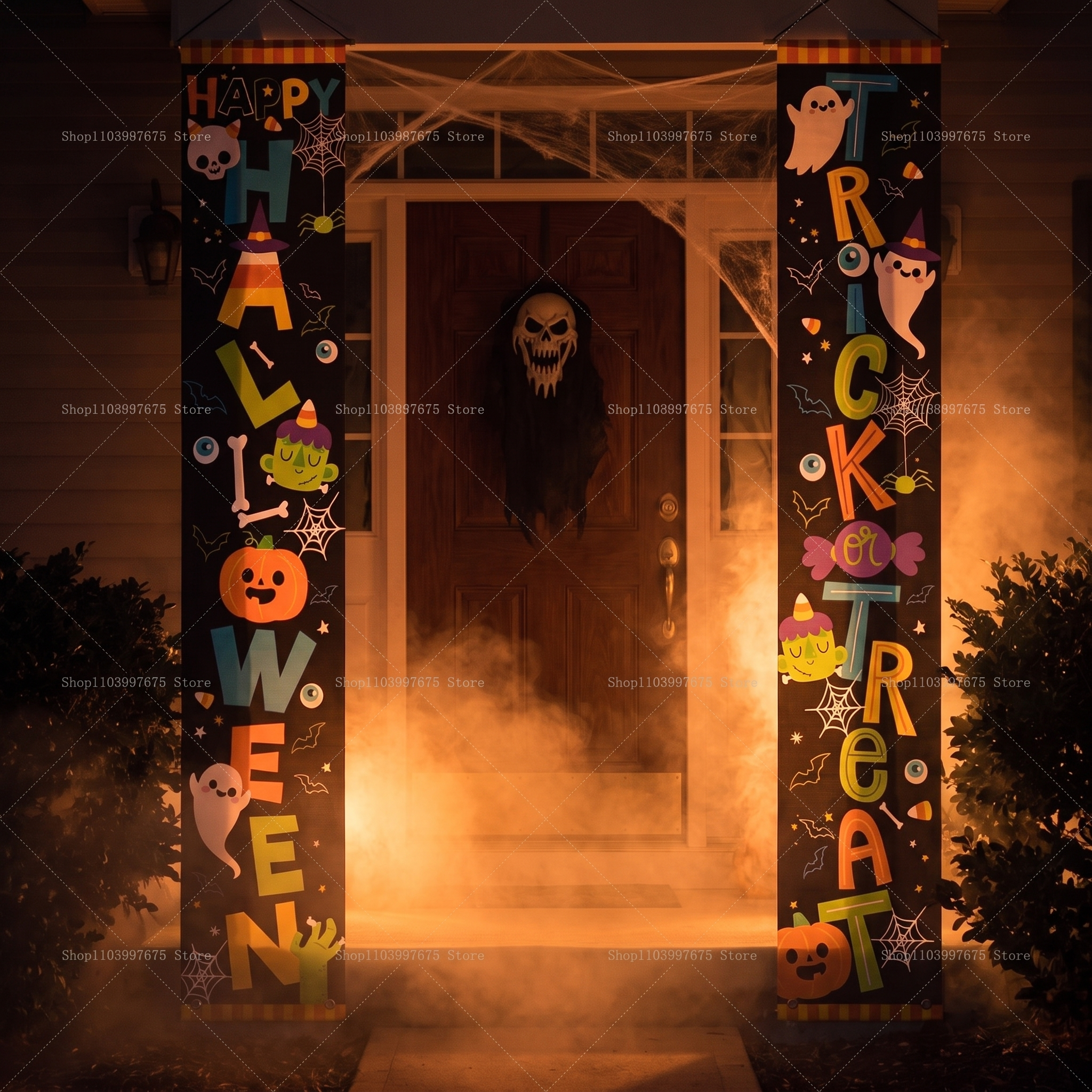 Happy Halloween banner used as a party backdrop on a wall